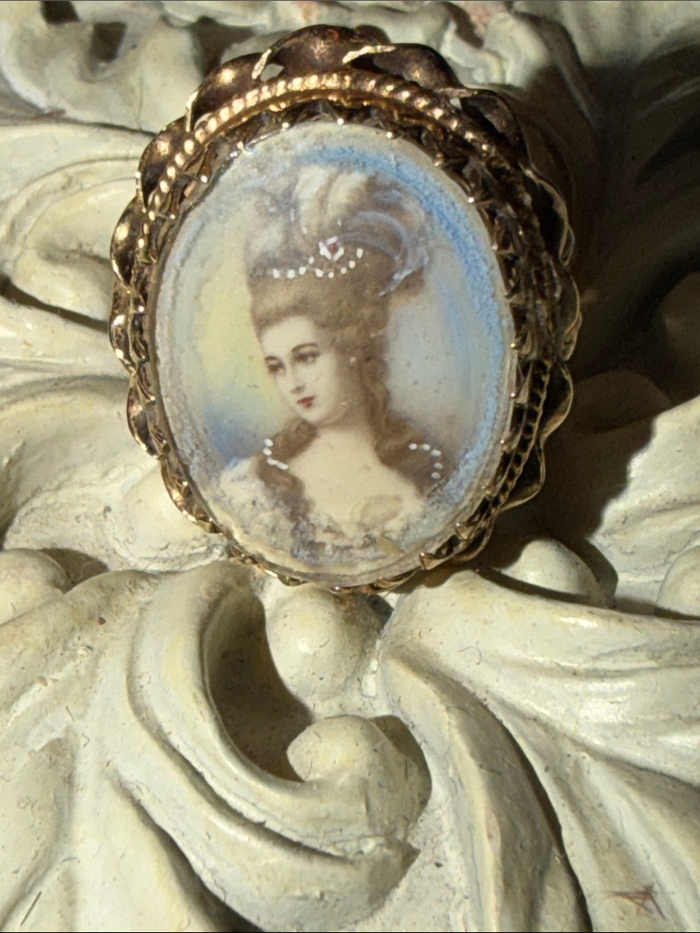Portrait miniature cameo painted on ivory ornate 14k gold size 7 ring - Picture 4 of 16